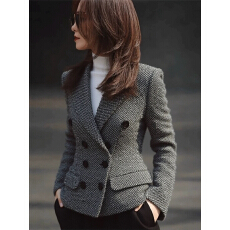 批发独特气质灰色双排扣花呢西装<b class='q'>外套</b>女2025冬季新款高级收腰短款<b class='q'>上衣</b>