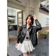 批发复古美式咖色皮衣夹克外套女早秋黑色甜酷风机车PU皮宽松长袖上衣
