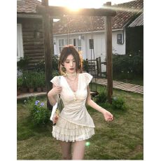 批发Mejiu蜜九蕾丝泡沫假两件蕾丝<b class='q'>刺绣</b><b class='q'>连衣裙</b>女夏季收腰纯欲裙子