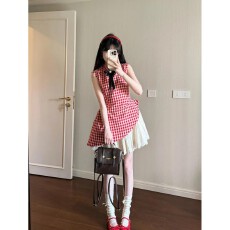 批发学院风新中式红色格纹<b class='q'>连衣裙</b>女夏季新款甜美清新修身显瘦蓬蓬短裙