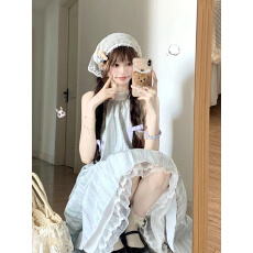 批发森系<b class='q'>甜美</b>系带挂脖格纹<b class='q'>连衣裙</b>女宽松显瘦圆领无袖过膝A字长裙