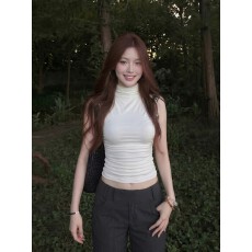 批发260克人棉#蕾丝露背高领无袖<b class='q'>背心</b>女夏季纯欲辣妹褶皱修身显瘦上衣