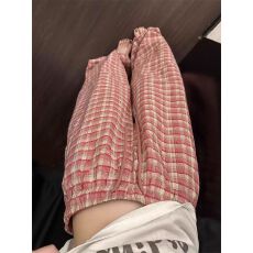 批发<b class='q'>甜美</b>深粉格纹韩系夏季新款居家休闲遛弯裤少女凉感透气宽松阔腿裤