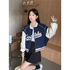 批发美式复古国潮拼接撞色短款棒球服<b class='q'>秋</b>冬长袖休闲慵懒学院外套女