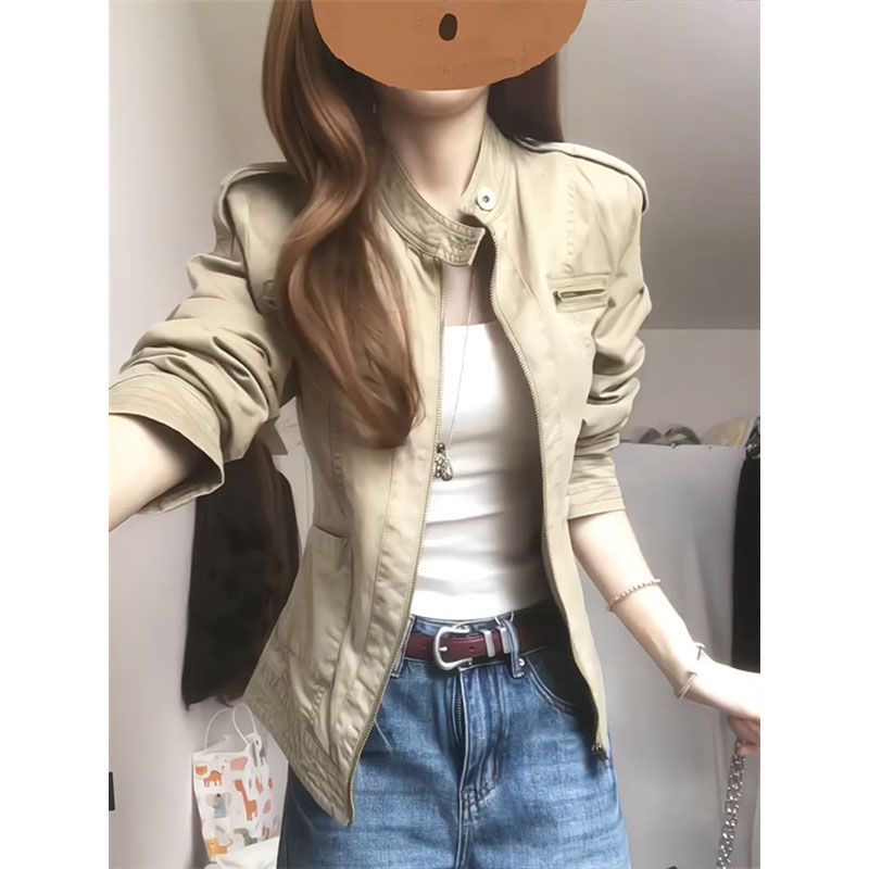 美式做旧复古立领卡其外套女早秋新款简约时尚夹克工装  服裝批發女裝批發服飾貨源