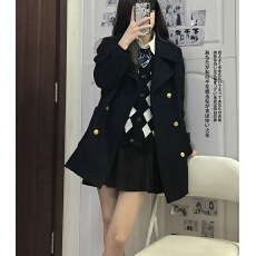 批发有烫 大钮 360克 冬季学院风毛呢外套女jk制服口袋双排扣大衣
