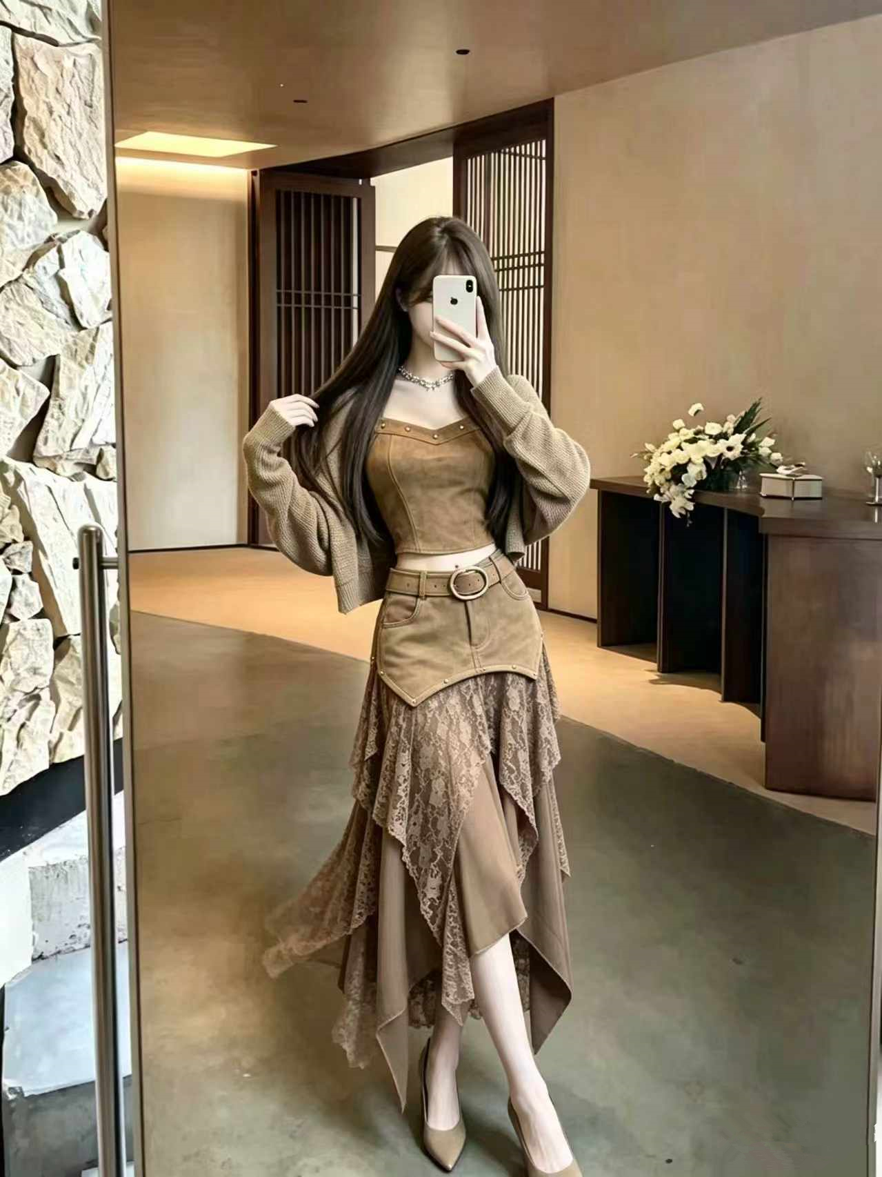 BY33747# 美拉德吊带套装女针织开衫短款背心不规则蕾丝拼接半身裙三件套  服裝批發女裝批發服飾貨源