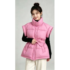 批发粉色收腰棉马甲女秋<b class='q'>冬</b>立领系带显瘦坎肩宽松加厚无袖棉服背心外套