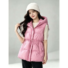 批发粉色连帽棉马甲女秋<b class='q'>冬</b>收腰系带显瘦坎肩宽松加厚外穿无袖背心外套