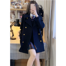 批发大钮 360克 <b class='q'>秋</b>冬学院风毛呢外套女jk制服口袋双排扣大衣