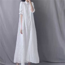 批发|新款|文艺仙气白色<b class='q'>亚麻</b>连衣裙女宽松休闲长袖棉麻衬衫<b class='q'>长裙</b>子