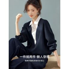 批发韩版新款2025假撞色宽松都市<b class='q'>衬衫</b>卫衣拼接两件领秋款长袖休闲
