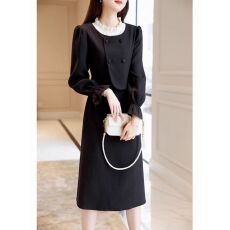 批发2025<b class='q'>春</b>秋新品假两件高端设计花边领连衣裙复古气质收腰显瘦中长裙