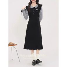 批发法式高级感学院风黑色<b class='q'>假两件</b>连衣裙女秋季气质收腰修身打底毛衣裙