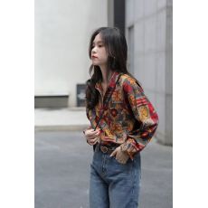 批发复古港味设计感小众印花衬衫女春秋新款宽松韩版百搭翻领衬衣