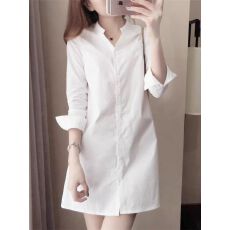 批发韩版白色V领衬衫女装春季中长款长袖衬衣修身显瘦单叠穿内搭上衣