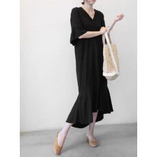 批发日韩系2026夏宽松大码中袖V领棉麻文艺喇叭袖亚麻衬衫连衣裙