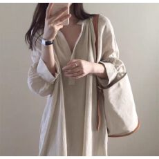 批发秋季新款日系外贸女装宽松韩版长袖超长款连衣裙过膝棉麻<b class='q'>衬衣</b>裙