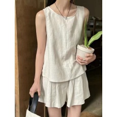 批发韩系穿搭棉麻无袖背心露肩开叉上衣阔腿短裤短款休闲时尚套装女薄