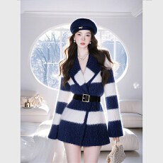 批发小香风蓝白撞色西装式毛衣外套女款今年流行加厚超好看中长款大衣
