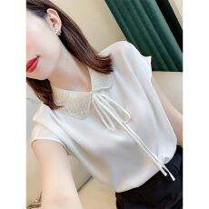 批发缎面衬衫女士装夏季2026年新款白色<b class='q'>雪纺上衣</b>漂亮别致小衫<b class='q'>短袖</b>衬衫