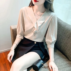 批发荷叶边V领雪纺衫女短袖2026年<b class='q'>夏季</b>新款时尚<b class='q'>衬衫</b>洋派质<b class='q'>T</b><b class='q'>恤</b>时髦上衣