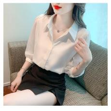批发夏季白色<b class='q'>女士</b>雪纺衬衫职业女装2026新款中袖七分袖polo领上衣衬衣