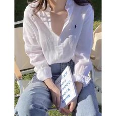 批发小马标刺绣粉上衣春夏新款亚麻白色长袖休闲宽松小众防晒衬衫