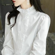 批发2025年春装女款荷叶边设计感立领白色衬衫女时尚内搭打底长袖衬衣