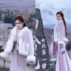 批发暮山紫•紫玉髓狐狸毛皮草羽绒服国风外套+加绒鱼尾旗袍套装