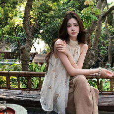 批发木子李的李茶庭桂香新中式挂脖透气轻薄春夏朦胧感温柔无袖上衣套