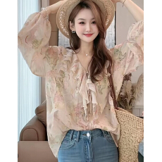 批发花影仙踪 <b class='q'>印花</b>喇叭袖百搭衬衫