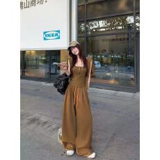 批发实拍<b class='q'>韩版</b>软糯休闲百搭开衫纽扣吊带背心高腰抽绳宽松阔腿裤三件套