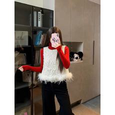 批发实拍实价~设计感下摆毛毛拼接亮片马甲女百搭打底衫