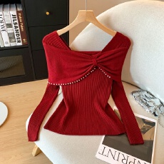 批发实拍2025冬季新款假两件打底针织衫法式方领<b class='q'>复古</b>钉珠内搭毛衣