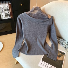 批发实拍2025冬季新款打底单边露肩针织衫蕾丝拼接斜肩高领内搭<b class='q'>毛衣</b>