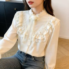 批发2026春季新款蕾丝花朵蝴蝶结上衣法式轻奢高级感衬衫洋气立领