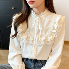 批发2026春季新款法式轻奢丝光立领衬衫领口系带上衣来说蕾丝花边拼接