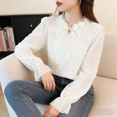 批发2026春季新款法式轻奢刺绣蕾丝衫立体花立领上衣洋气百搭仙气飘飘