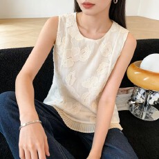 批发2026夏季<b class='q'>新款</b>无袖<b class='q'>雪纺衫</b>刺绣蕾丝圆领上衣简约百搭上衣