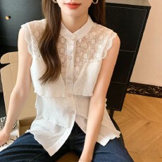 批发2026夏季新款压褶<b class='q'>雪纺衫</b>荷叶边拼接蕾丝镂空<b class='q'>无袖</b>上衣洋气开衫