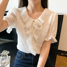 批发2026夏季<b class='q'>新款</b>刺绣压褶雪纺衫法式<b class='q'>轻</b>奢荷叶边洋气上衣领口系带