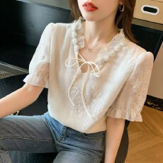 批发2026夏季<b class='q'>新款</b>刺绣压褶雪纺衫法式<b class='q'>轻</b>奢重工钉珠上衣洋气百搭