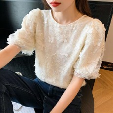 批发2026夏季<b class='q'>新款</b>刺绣蕾丝衫立体蝴蝶亮片上衣圆领百搭高级感短袖T恤