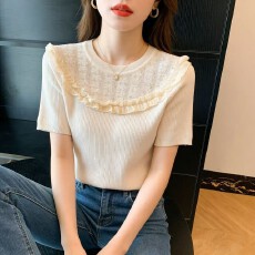 批发2026夏季<b class='q'>新款</b>冰丝针织衫薄款T恤木耳边高温烫钻圆领短袖上衣