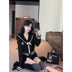 批发<b class='q'>实拍</b>实价  学院风一字肩v领两穿针织开衫翻领撞色毛衣女