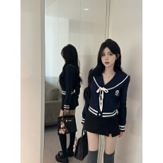 批发<b class='q'>实拍</b>实价  学院风一字肩v领两穿针织开衫翻领撞色毛衣女