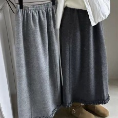 批发2025秋冬<b class='q'>新款</b>韩系高腰慵懒风灰色直简木耳边羊绒长款长裙半身裙女
