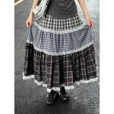 批发2026春季新款古黑灰格纹拼接半身裙女百搭设计感小众花边蛋糕裙