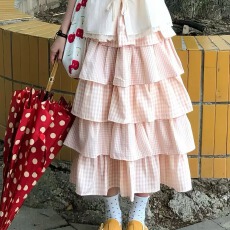 批发甜美温柔粉格子拼接蛋糕裙小个子2026<b class='q'>韩国</b>春夏中长半身裙女